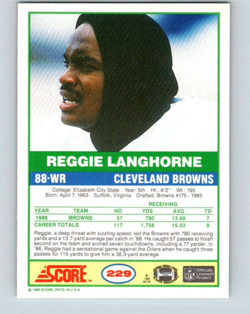 1989 Score #229 Reggie Langhorne Mint RC Rookie Cleveland Browns  Image 2