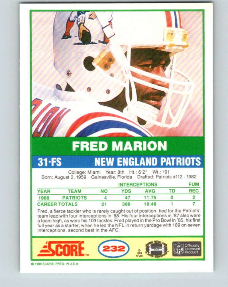 1989 Score #232 Fred Marion Mint New England Patriots  Image 2