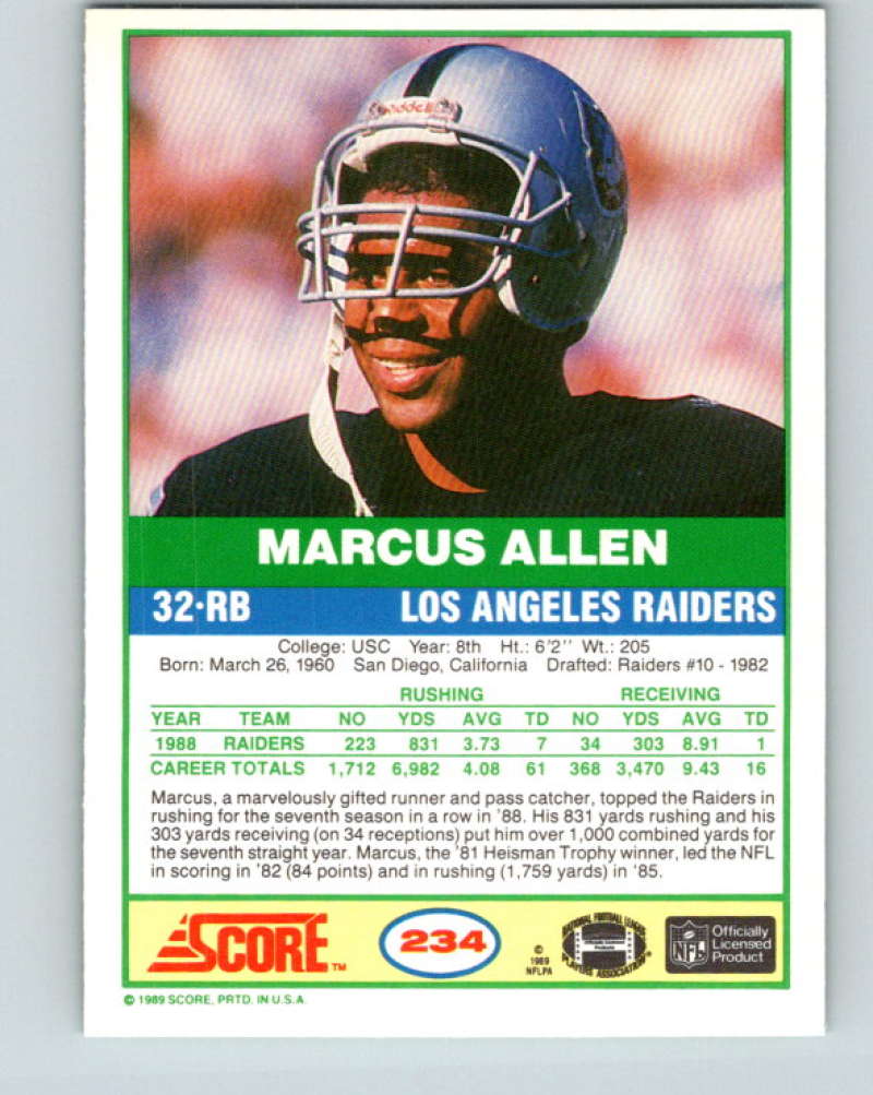 1989 Score #234 Marcus Allen Mint Los Angeles Raiders