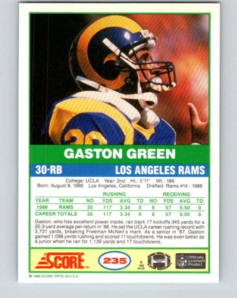1989 Score #235 Gaston Green Mint RC Rookie Los Angeles Rams  Image 2
