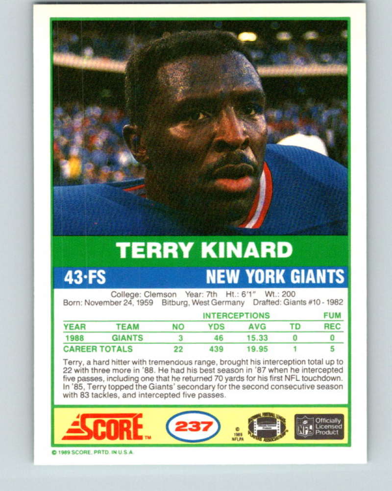 1989 Score #237 Terry Kinard Mint New York Giants  Image 2