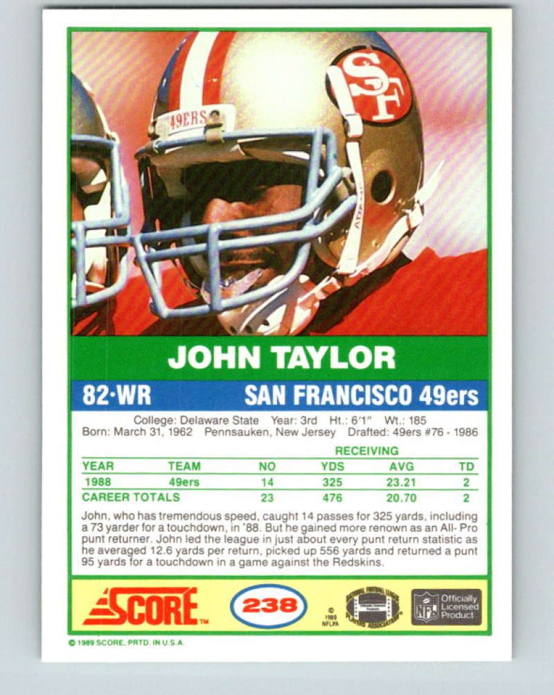 1989 Score #238 John Taylor Mint RC Rookie San Francisco 49ers