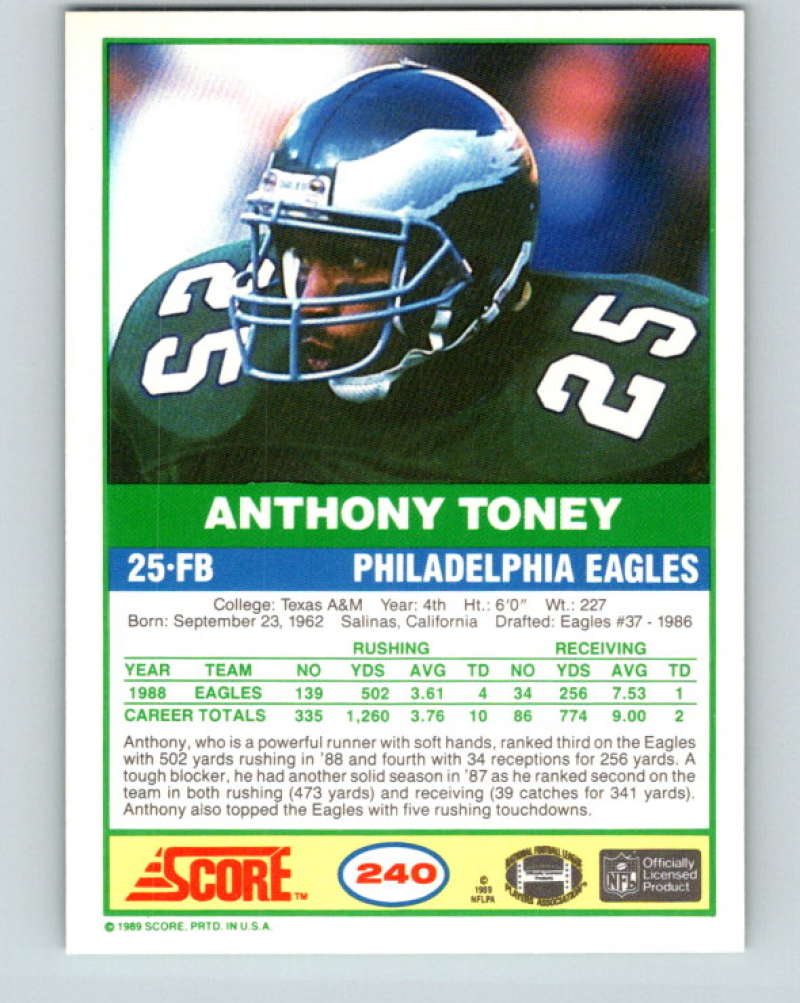 1989 Score #240 Anthony Toney Mint Philadelphia Eagles  Image 2