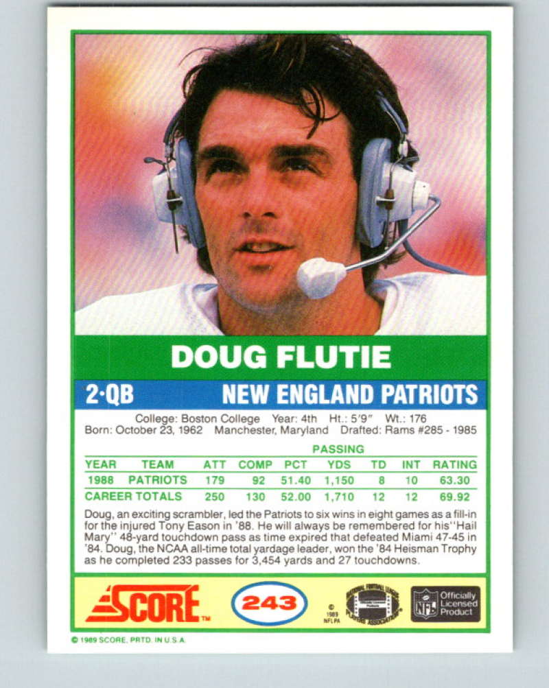 1989 Score #243 Doug Flutie Mint New England Patriots  Image 2