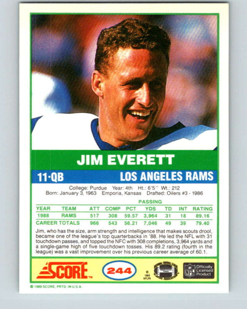 1989 Score #244 Jim Everett Mint Los Angeles Rams  Image 2