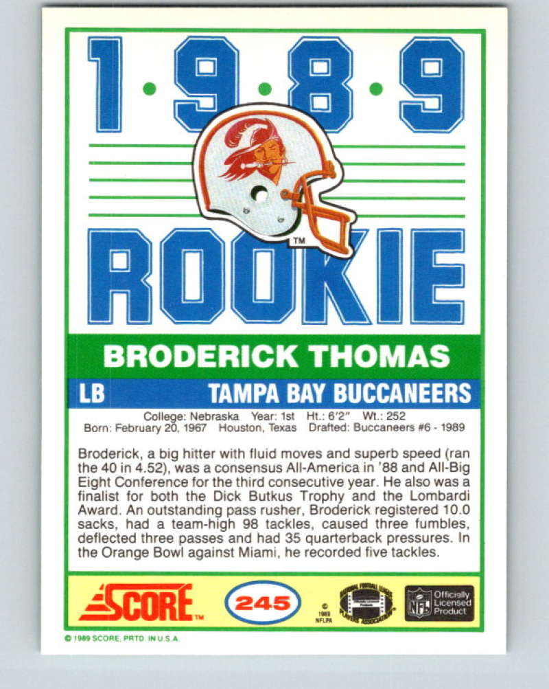 1989 Score #245 Broderick Thomas Mint RC Rookie Tampa Bay Buccaneers  Image 2