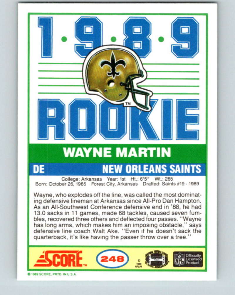 1989 Score #248 Wayne Martin Mint RC Rookie New Orleans Saints  Image 2