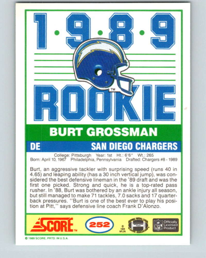 1989 Score #252 Burt Grossman Mint RC Rookie San Diego Chargers  Image 2
