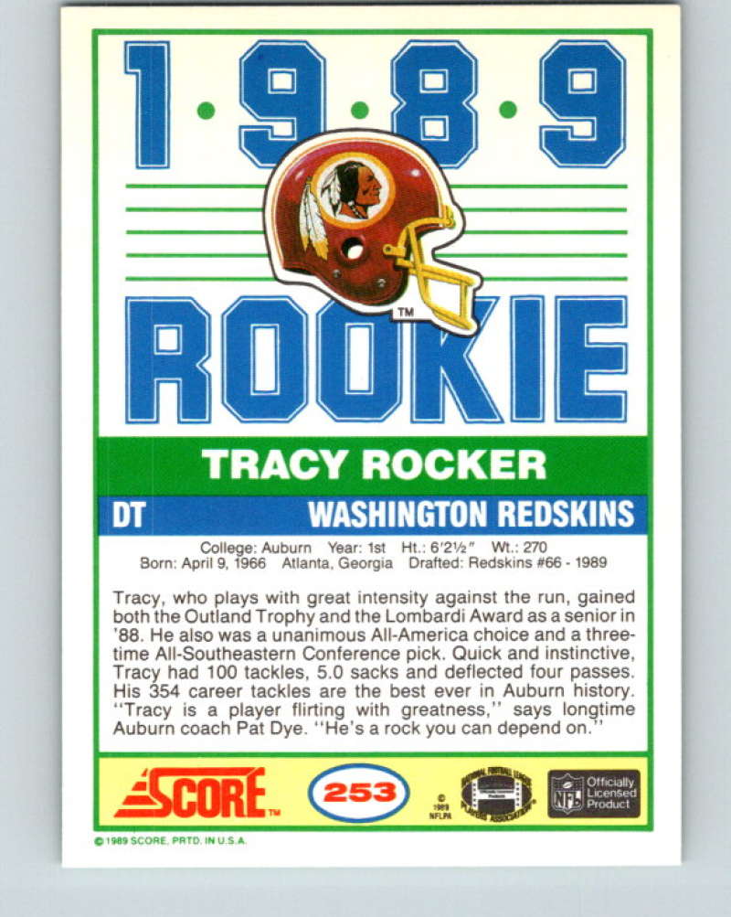 1989 Score #253 Tracy Rocker Mint Washington Redskins  Image 2