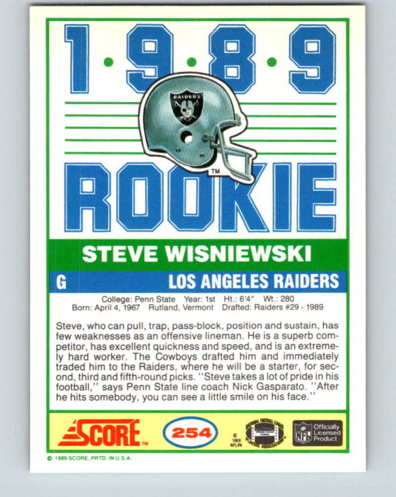 1989 Score #254 Steve Wisniewski Mint RC Rookie Los Angeles Raiders