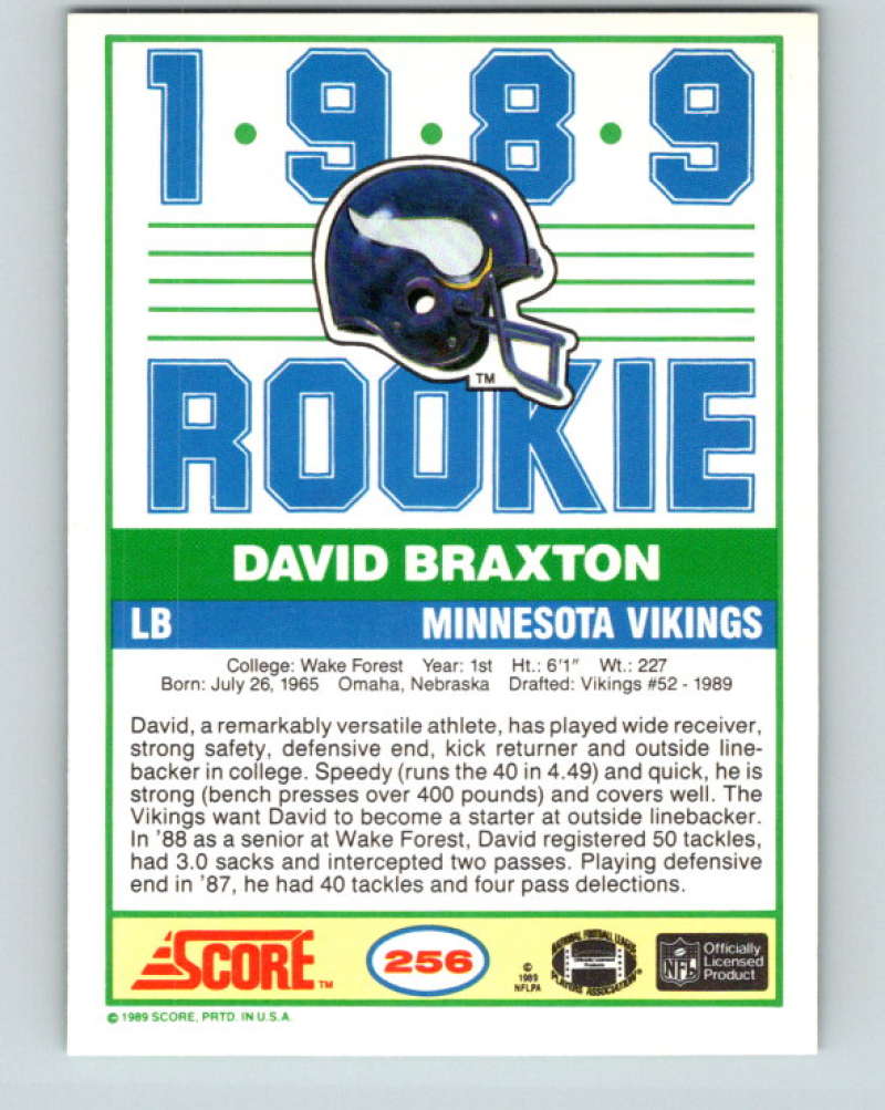 1989 Score #256 David Braxton Mint Minnesota Vikings