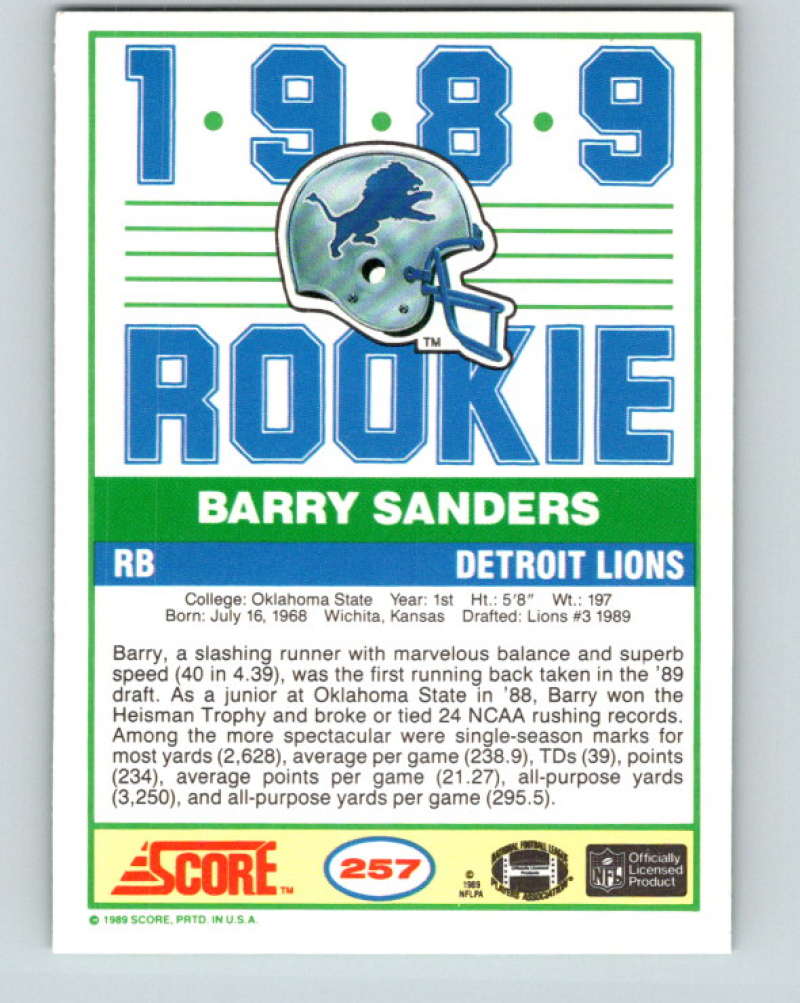 1989 Score #257 Barry Sanders Mint RC Rookie Detroit Lions
