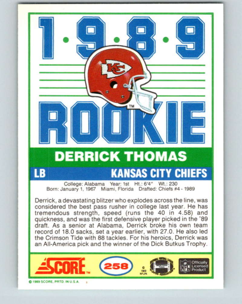 1989 Score #258 Derrick Thomas Mint RC Rookie Kansas City Chiefs