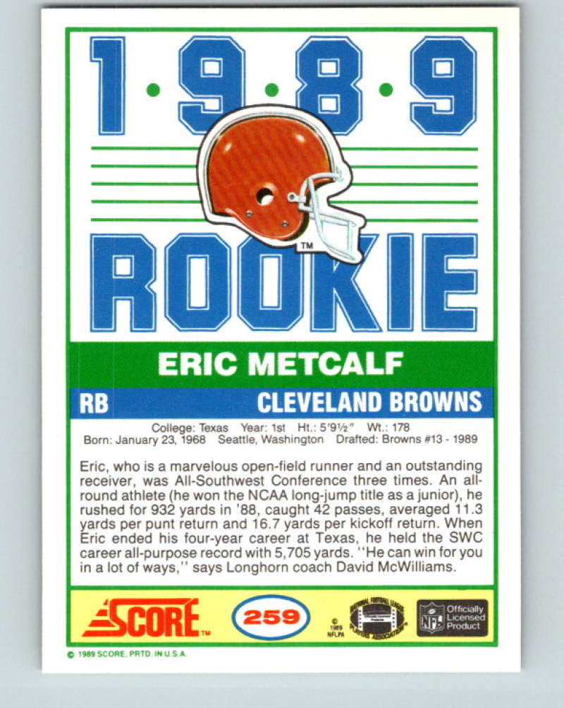 1989 Score #259 Eric Metcalf Mint RC Rookie Cleveland Browns  Image 2