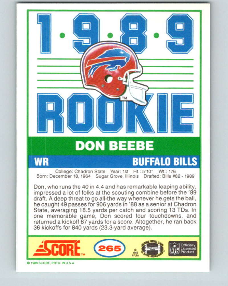 1989 Score #265 Don Beebe Mint RC Rookie Buffalo Bills