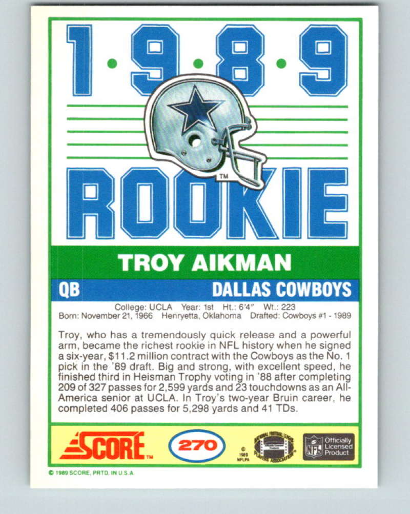 1989 Score #270 Troy Aikman Mint RC Rookie Dallas Cowboys