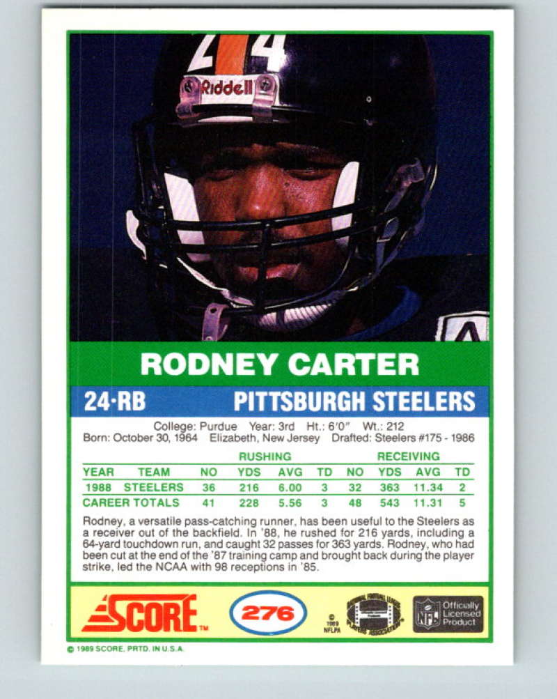 1989 Score #276 Rodney Carter Mint Pittsburgh Steelers  Image 2