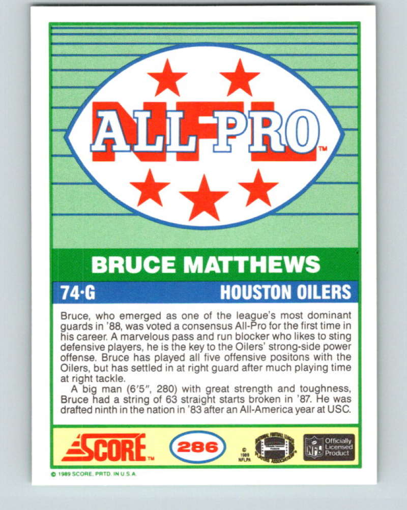 1989 Score #286 Bruce Matthews AP Mint Houston Oilers  Image 2