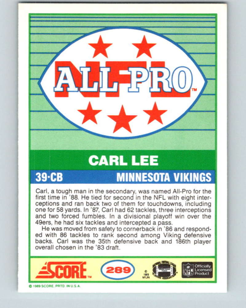 1989 Score #289 Carl Lee AP Mint RC Rookie Minnesota Vikings  Image 2