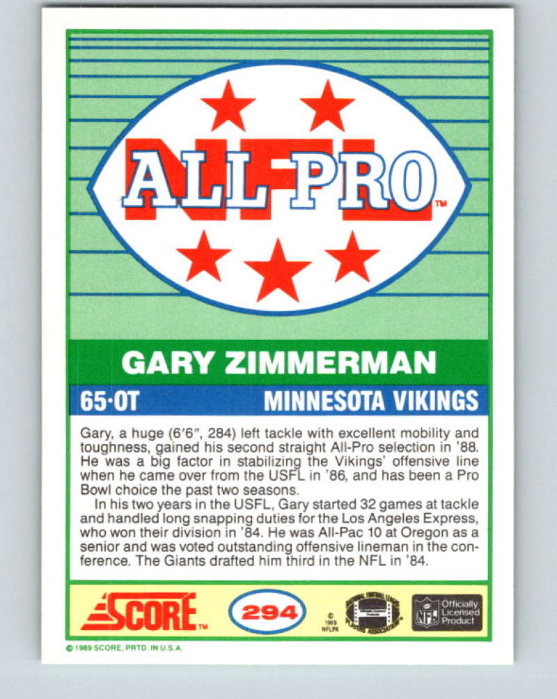 1989 Score #294 Gary Zimmerman AP Mint Minnesota Vikings  Image 2