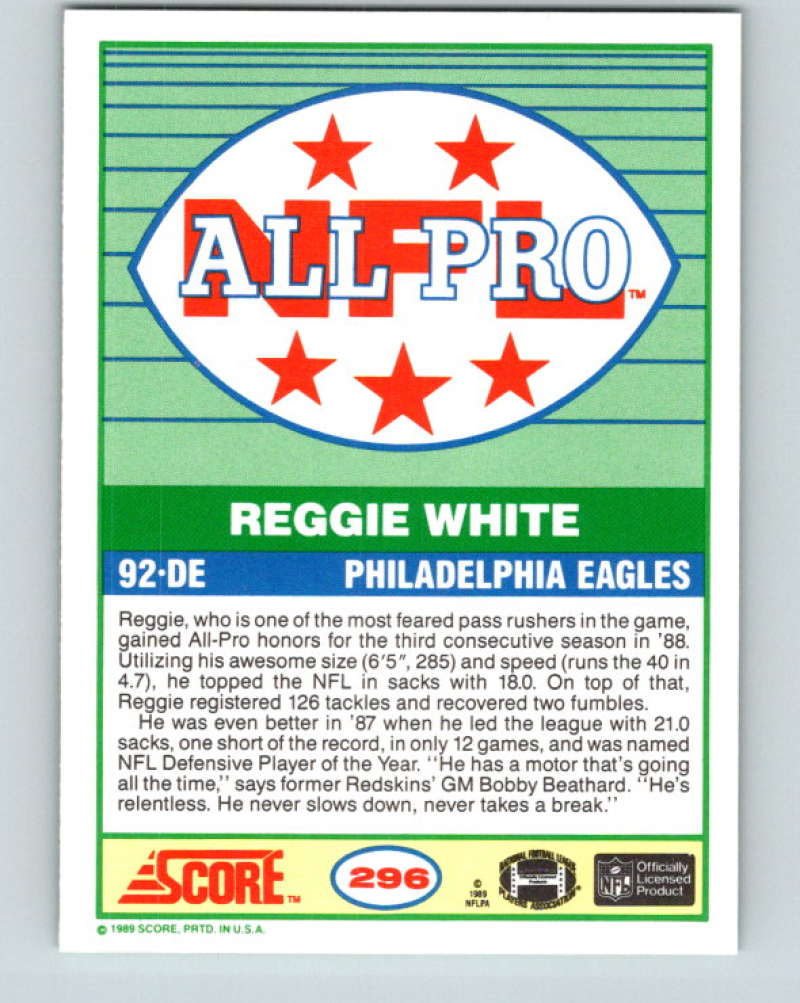 1989 Score #296 Reggie White AP Mint Philadelphia Eagles  Image 2