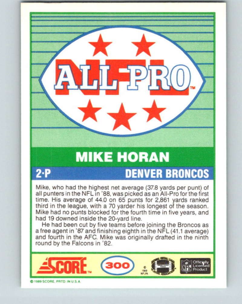 1989 Score #300 Mike Horan AP Mint Denver Broncos  Image 2