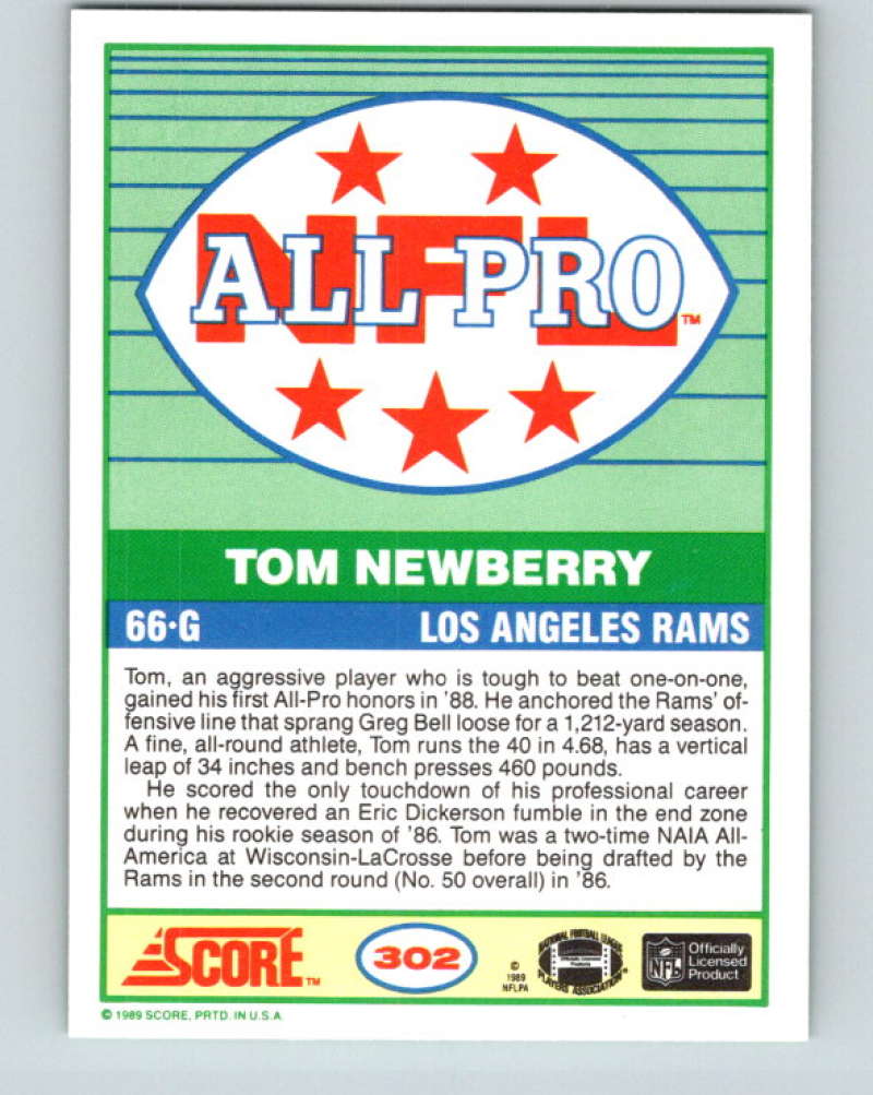 1989 Score #302 Tom Newberry AP Mint Los Angeles Rams  Image 2