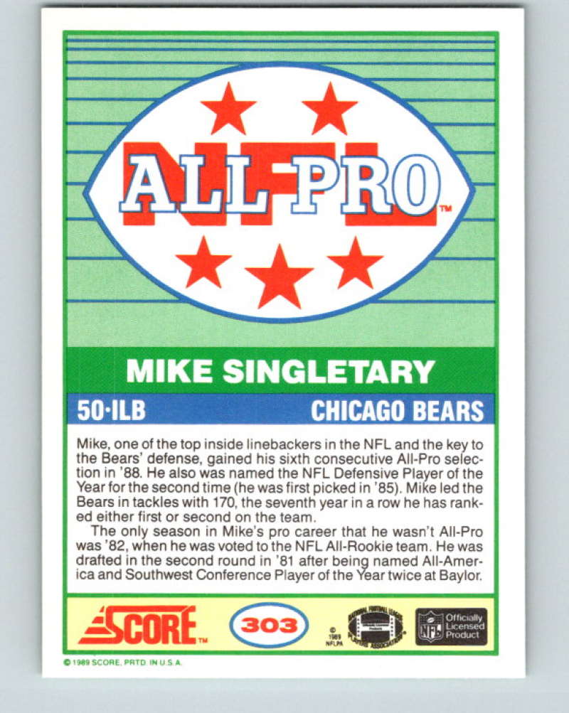 1989 Score #303 Mike Singletary AP Mint Chicago Bears  Image 2