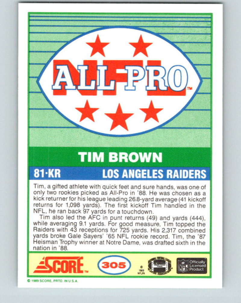 1989 Score #305a Tim Brown ERR Mint Los Angeles Raiders