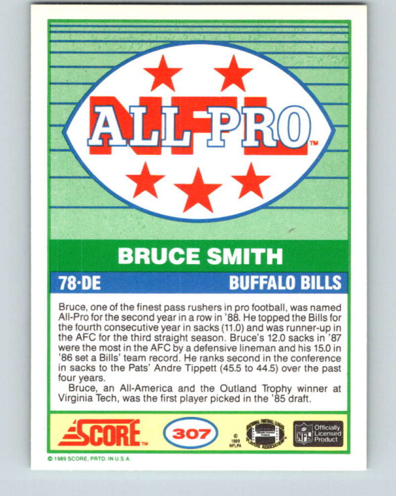 1989 Score #307 Bruce Smith AP Mint Buffalo Bills  Image 2