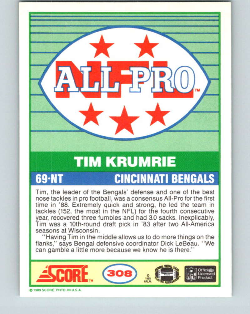 1989 Score #308 Tim Krumrie AP Mint Cincinnati Bengals