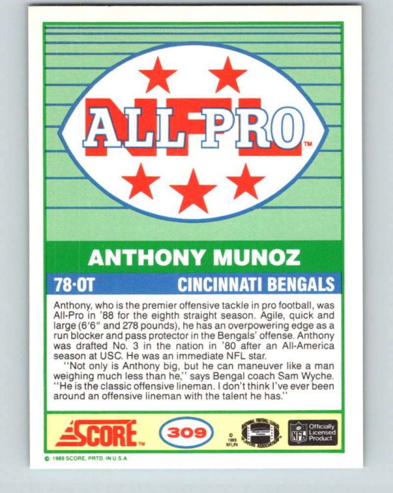 1989 Score #309 Anthony Munoz AP Mint Cincinnati Bengals  Image 2