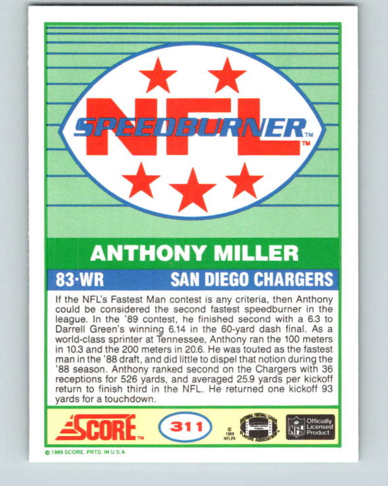 1989 Score #311 Anthony Miller SB Mint San Diego Chargers  Image 2