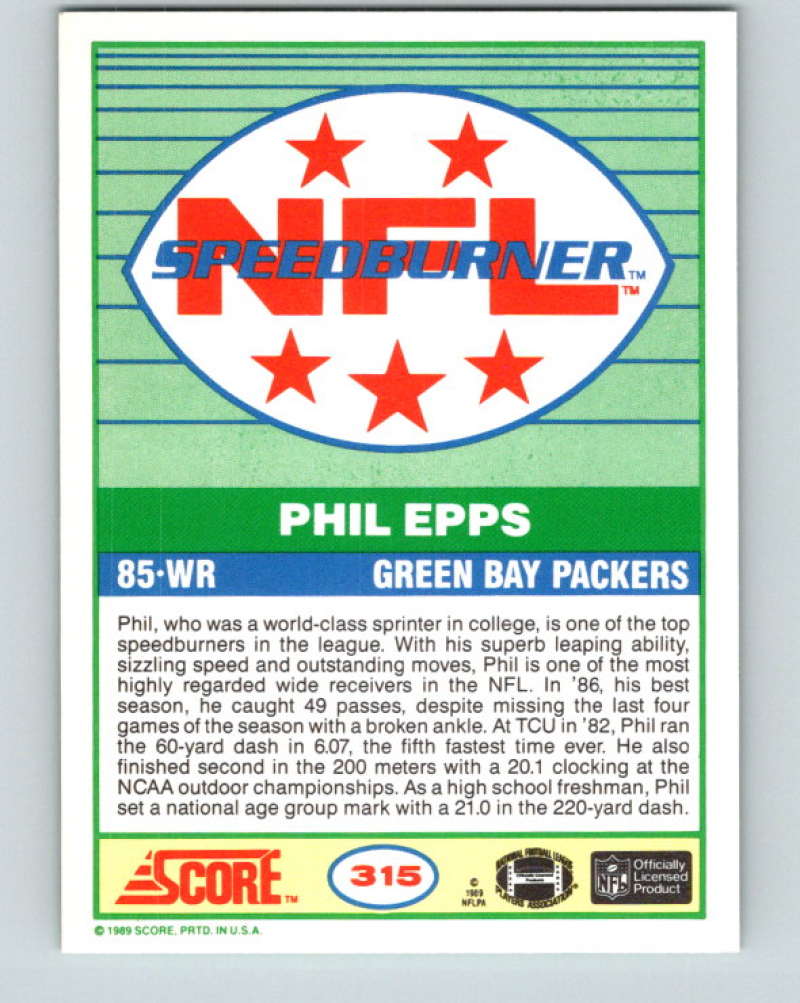 1989 Score #315 Phillip Epps SB Mint Green Bay Packers  Image 2