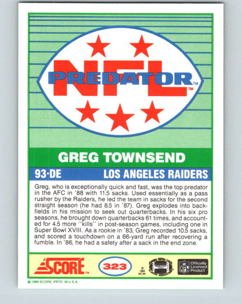1989 Score #323 Greg Townsend P Mint Los Angeles Raiders  Image 2
