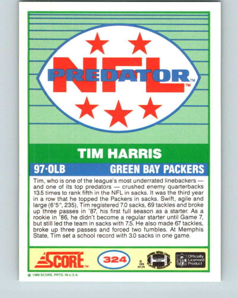 1989 Score #324 Tim Harris P Mint Green Bay Packers  Image 2