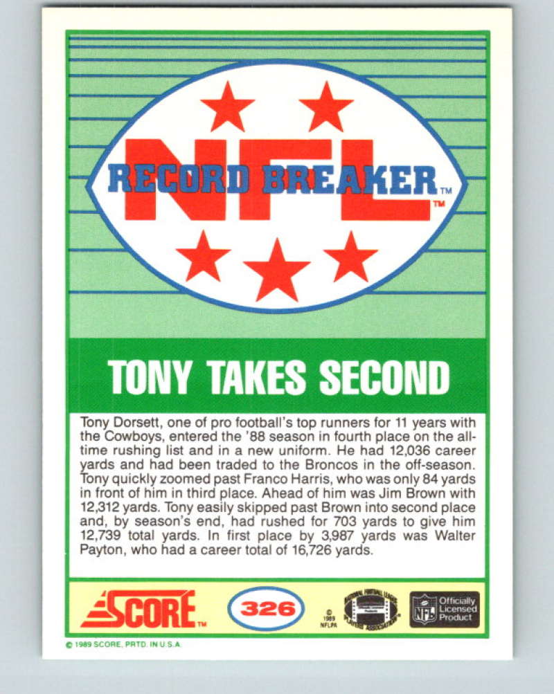 1989 Score #326 Tony Dorsett RB Mint Denver Broncos  Image 2