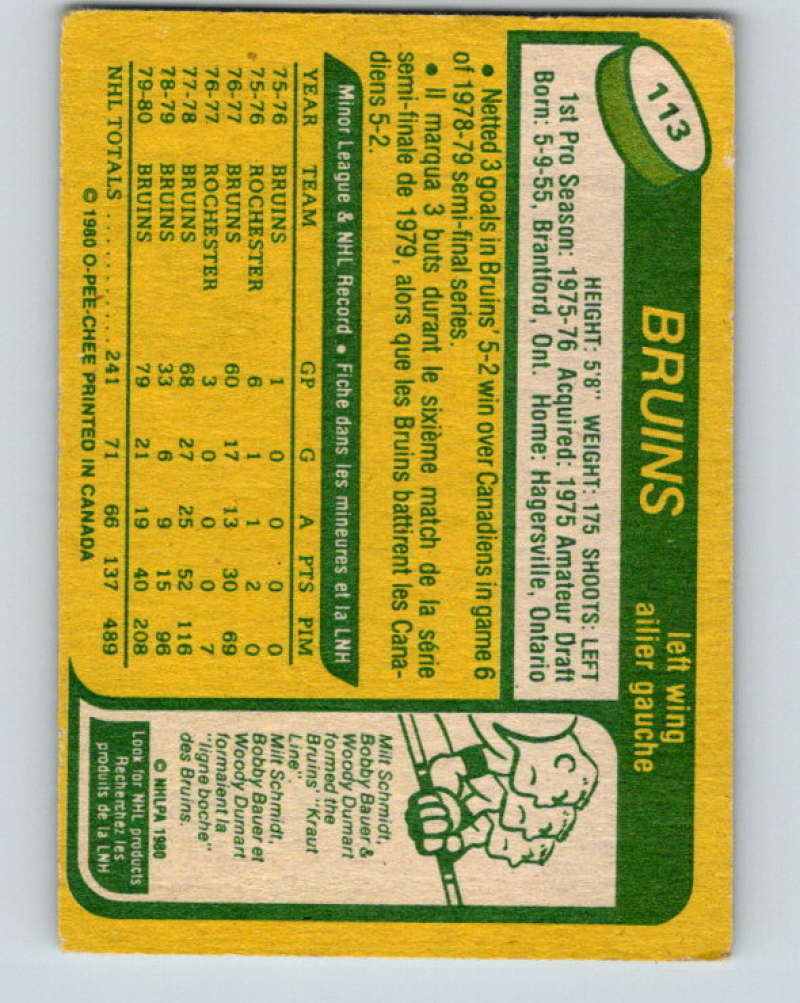 1980-81 O-Pee-Chee #113 Stan Jonathan NHL Boston Bruins  7870 Image 2