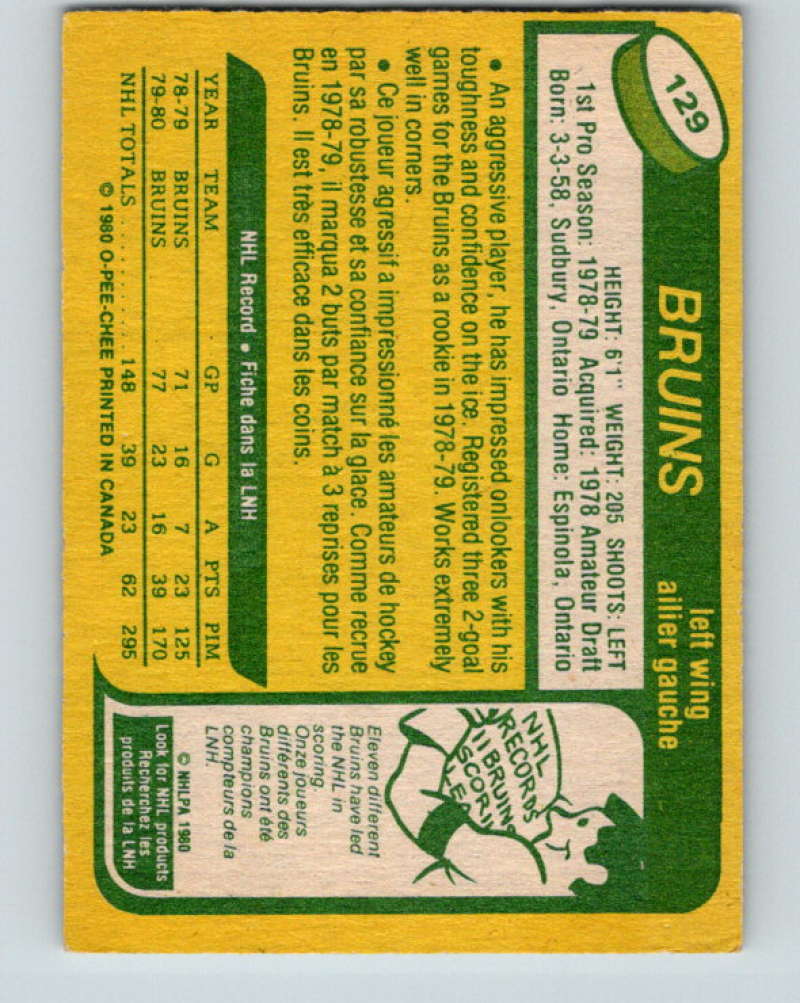 1980-81 O-Pee-Chee #129 Al Secord NHL RC Rookie Boston Bruins  7886 Image 2