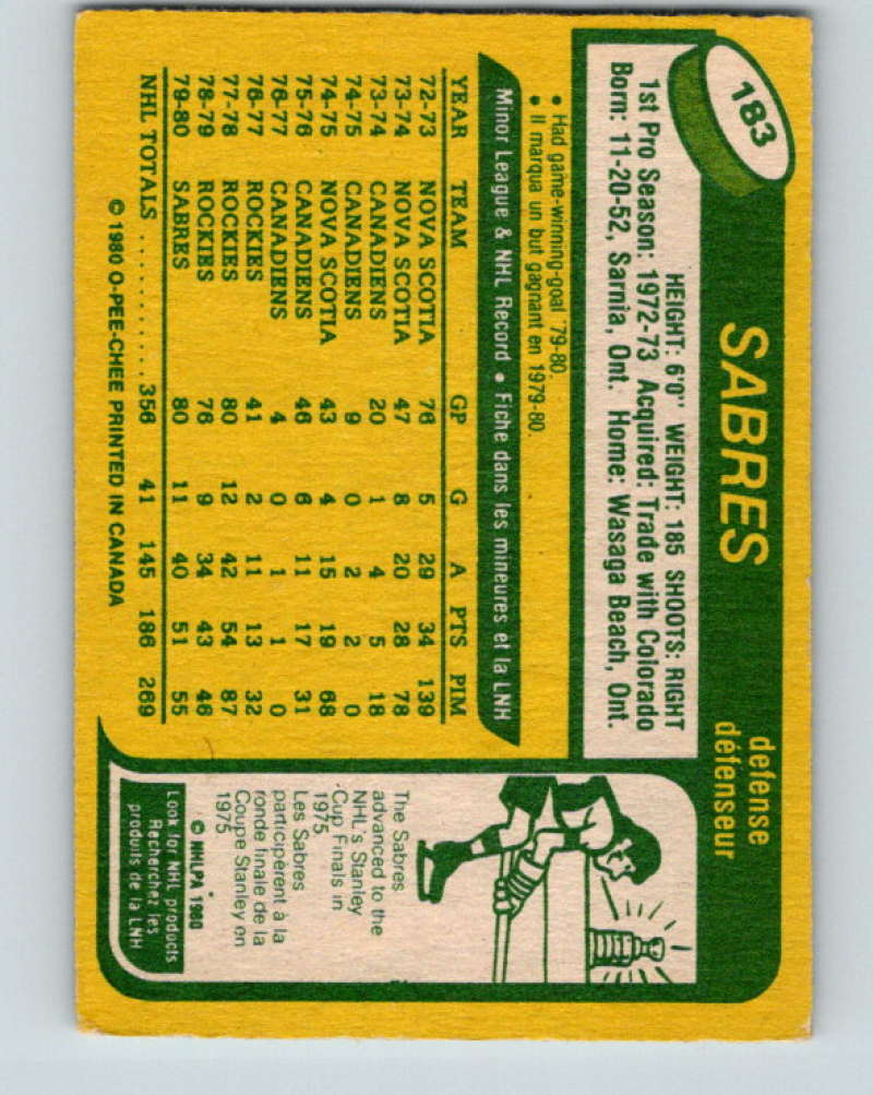1980-81 O-Pee-Chee #183 John Van Boxmeer NHL Buffalo Sabres  7940 Image 2