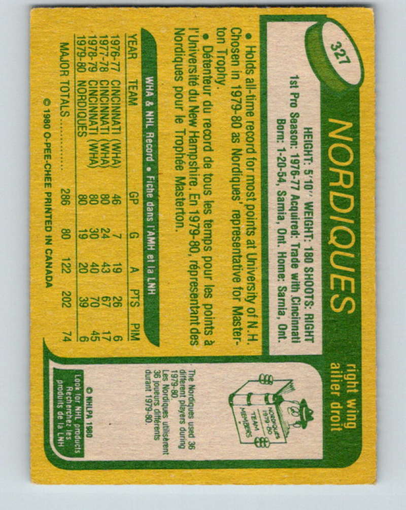 1980-81 O-Pee-Chee #327 Jamie Hislop NHL Quebec Nordiques  8084 Image 2