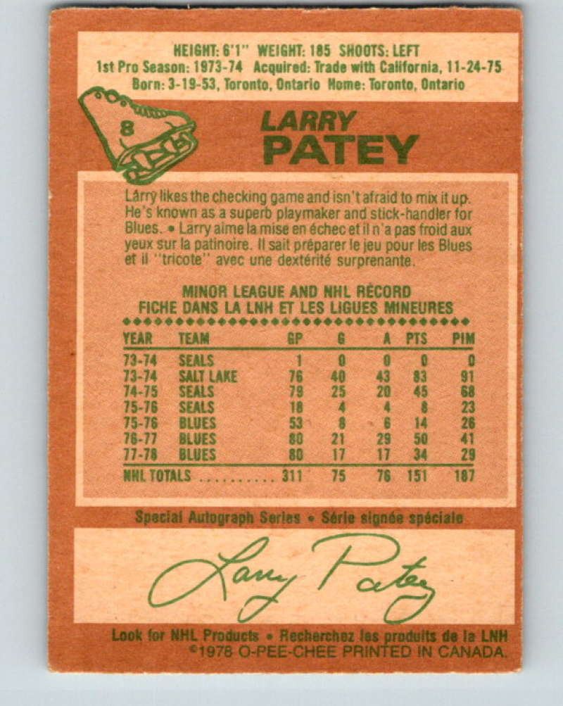 1978-79 O-Pee-Chee #8 Larry Patey  St. Louis Blues  8307 Image 2