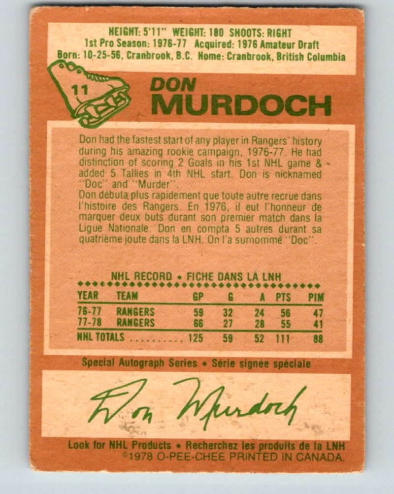 1978-79 O-Pee-Chee #11 Don Murdoch  New York Rangers  8310 Image 2