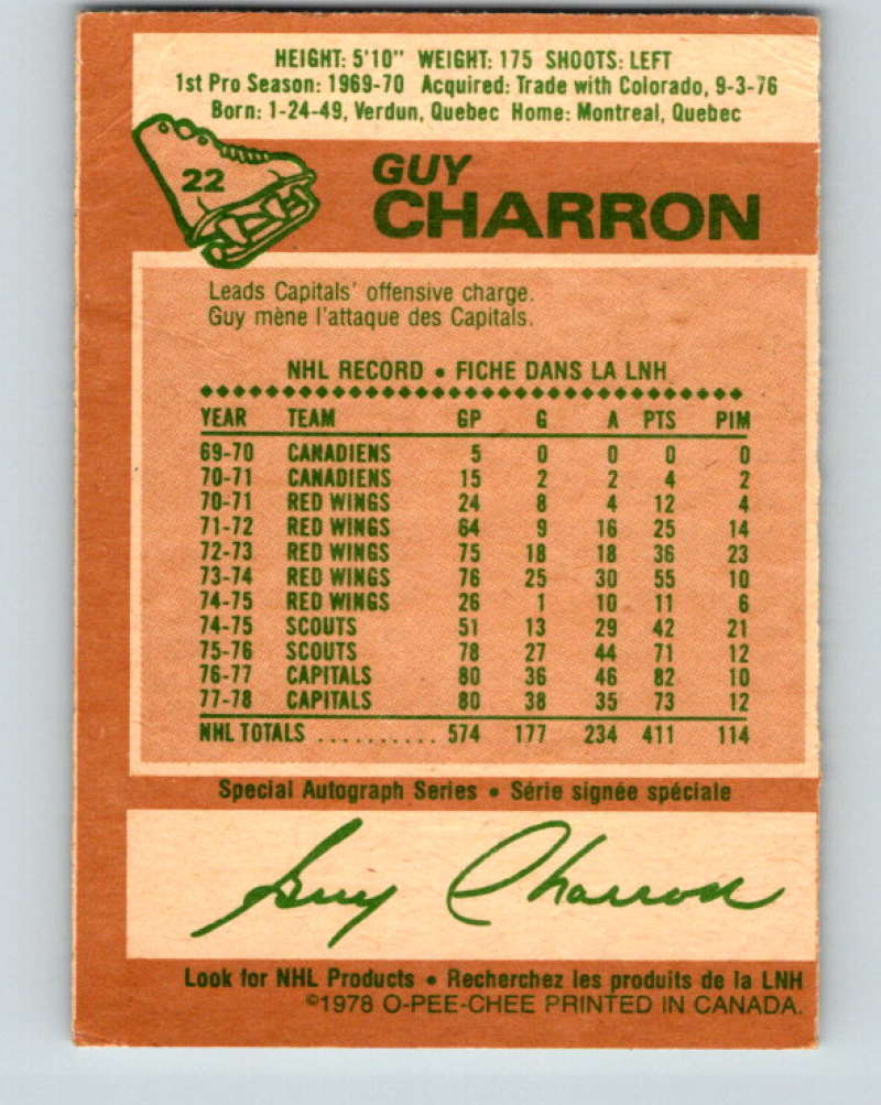 1978-79 O-Pee-Chee #22 Guy Charron  Washington Capitals  8321 Image 2