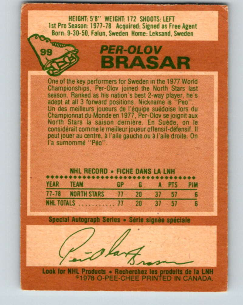 1978-79 O-Pee-Chee #99 Per-Olov Brasar  RC Rookie Minnesota North Stars  8398 Image 2