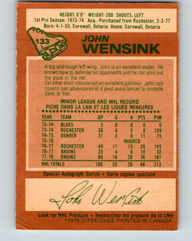 1978-79 O-Pee-Chee #133 John Wensink  RC Rookie Boston Bruins  8432 Image 2