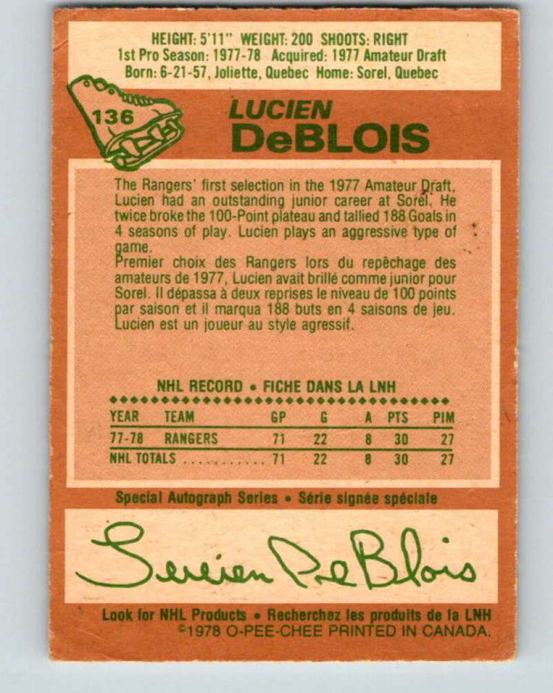 1978-79 O-Pee-Chee #136 Lucien DeBlois  RC Rookie New York Rangers  8435 Image 2