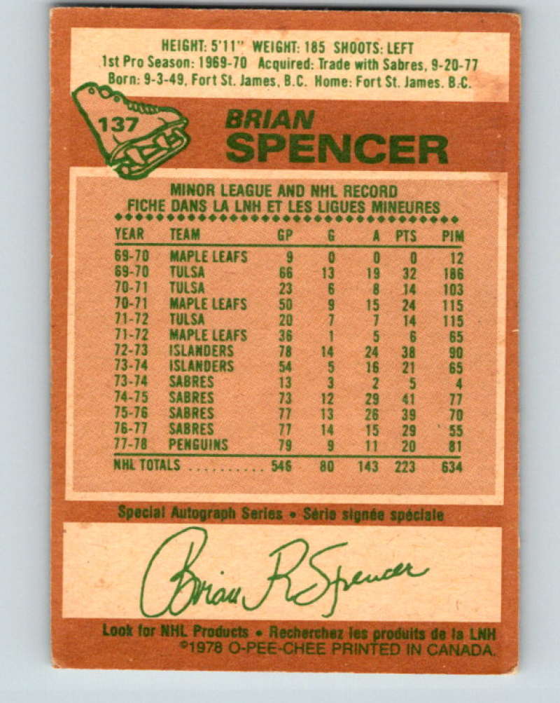1978-79 O-Pee-Chee #137 Brian Spencer  Pittsburgh Penguins  8436 Image 2
