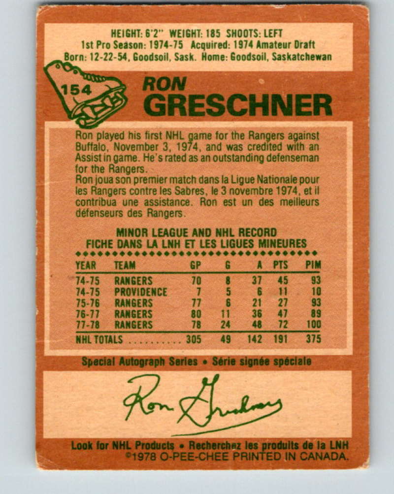 1978-79 O-Pee-Chee #154 Ron Greschner  New York Rangers  8453 Image 2
