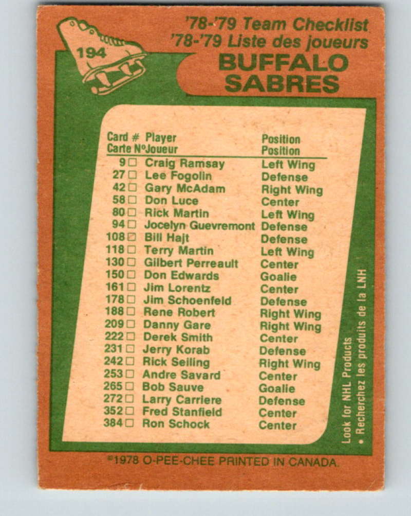 1978-79 O-Pee-Chee #194 Buffalo Sabres TC  Buffalo Sabres  8493